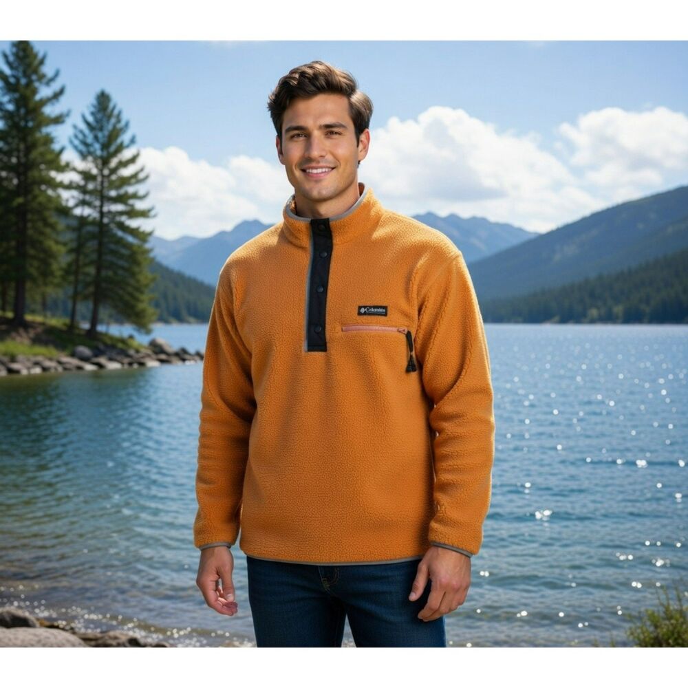 Columbia Helvetia II Men's SMALL Half Snap Fleece Orange Pullover Sweater Jacket
